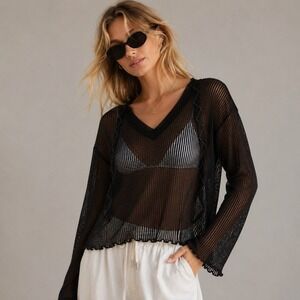Pilcro Hoodie Top Sheer Black White Stripe Casual Medium